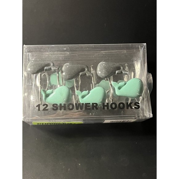 Whale Watch Shower Curtain Hooks Turquoise & Dark Gray Or Black Set of 12 NIB - Picture 2 of 8